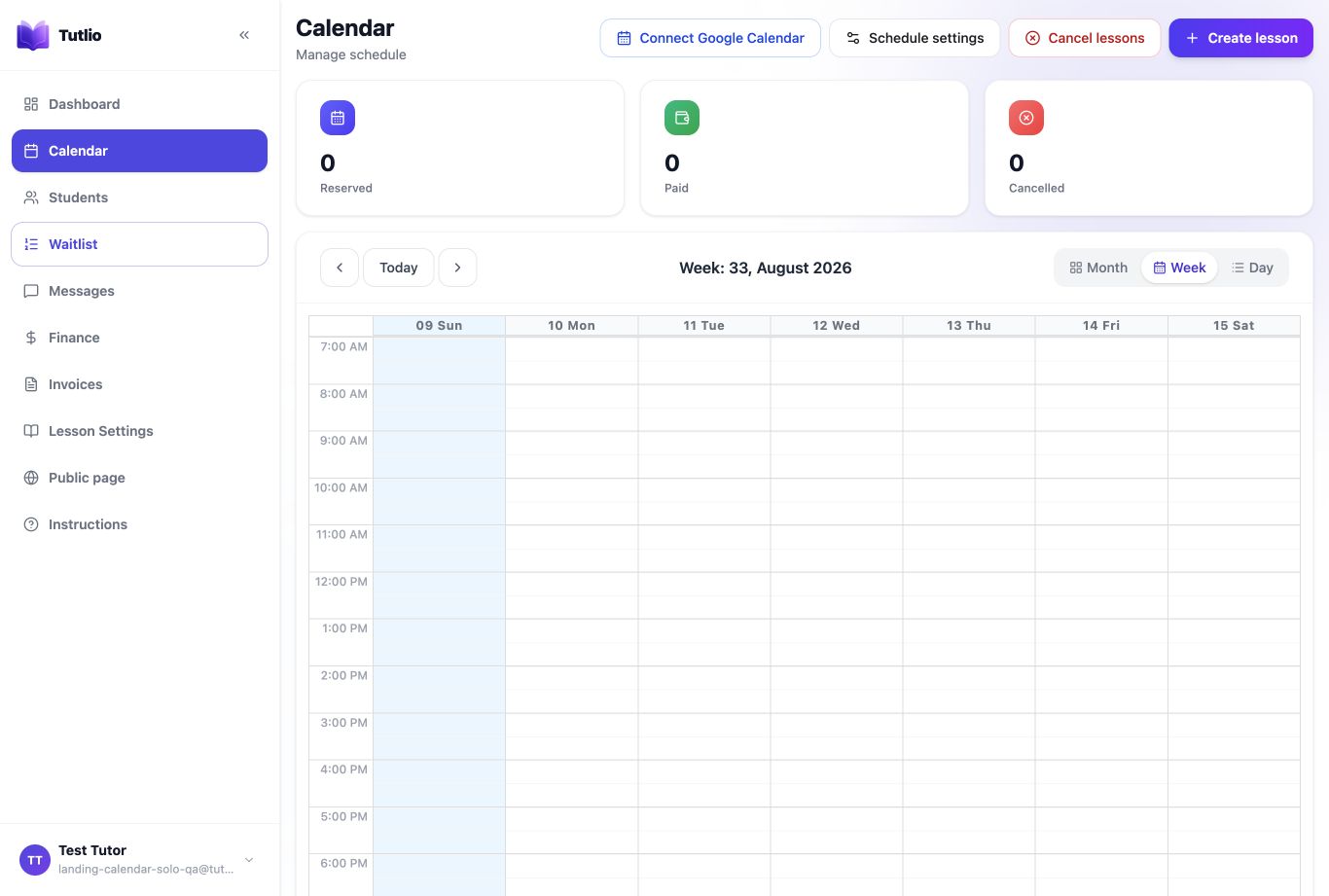 Tutlio tutor calendar with booked lessons